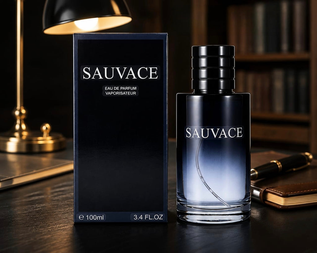 Dark sleek bottle of SAUVACE Eau de Parfum 100ml with gradient design, displayed on a desk with books and a lamp.