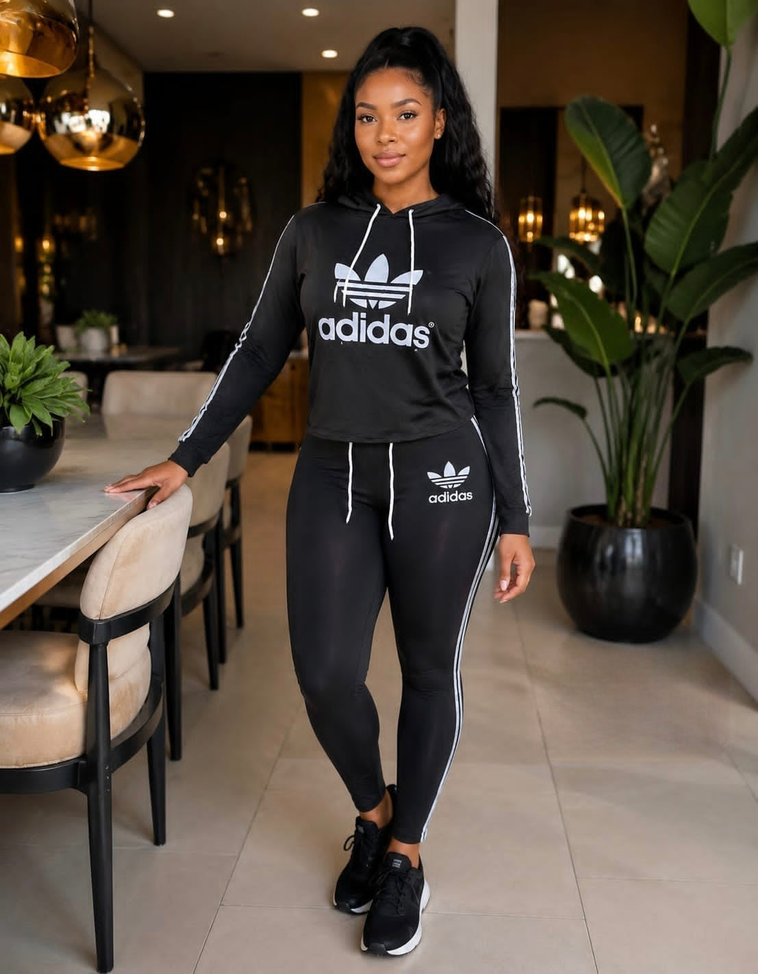 Two-piece black Adidas tracksuit set featuring a drawstring hoodie and joggers with side stripes.