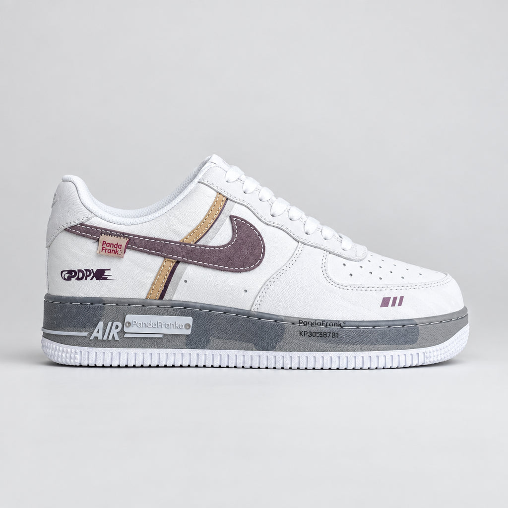 Nike Air Force 1 Low White Plum Mustard PandaPrank sneakers with plum suede Swoosh and mustard grey detailing | Ovadue