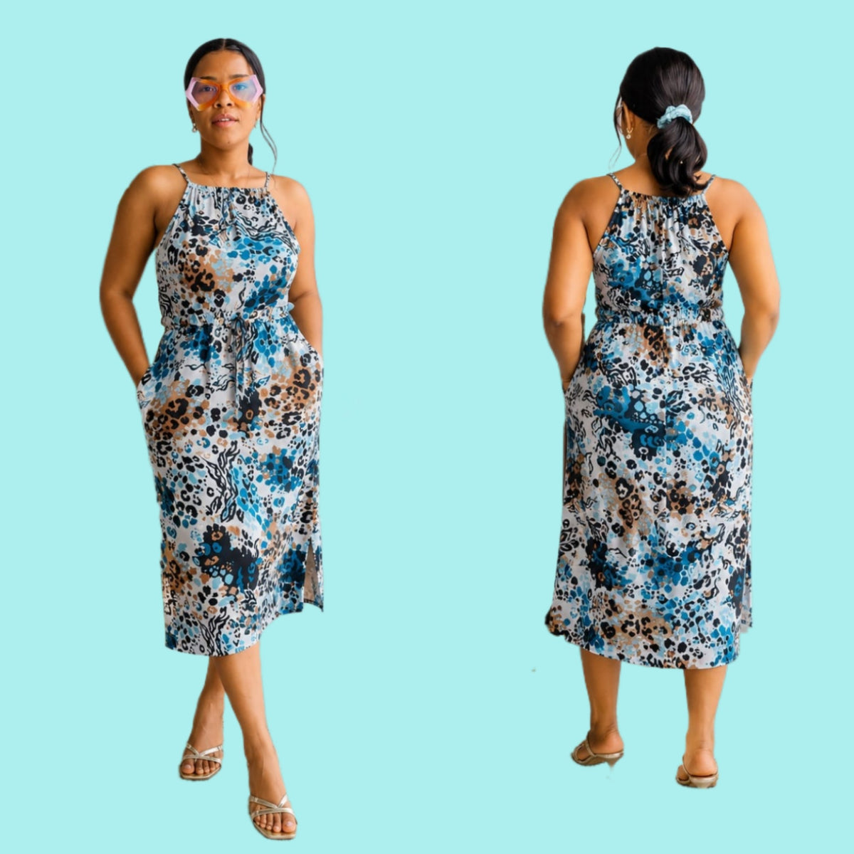 Fitted bodycon midi dress with floral and abstract animal print, thin spaghetti straps, and side pockets.