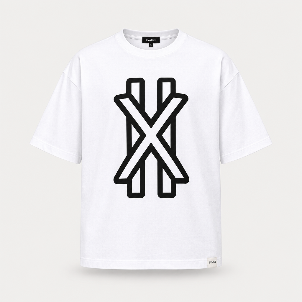 Galxboy Oversized X Graphic Tee in white with a bold black outlined X graphic, dropped shoulders and a ribbed crew neck.