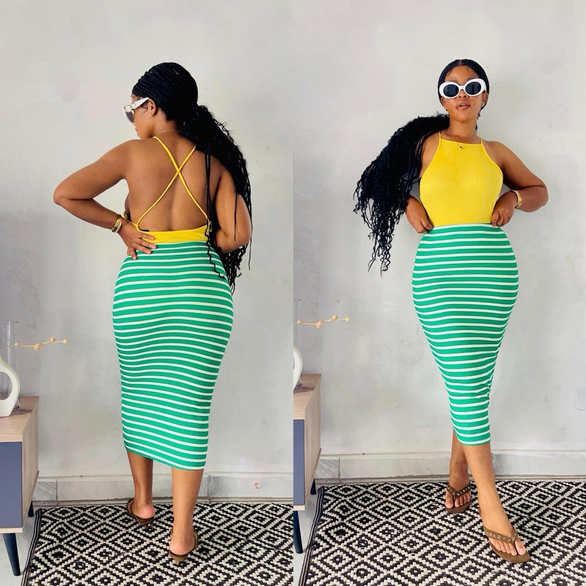 High-waisted striped bodycon midi skirt in green and white, styled with a solid yellow top and sandals.