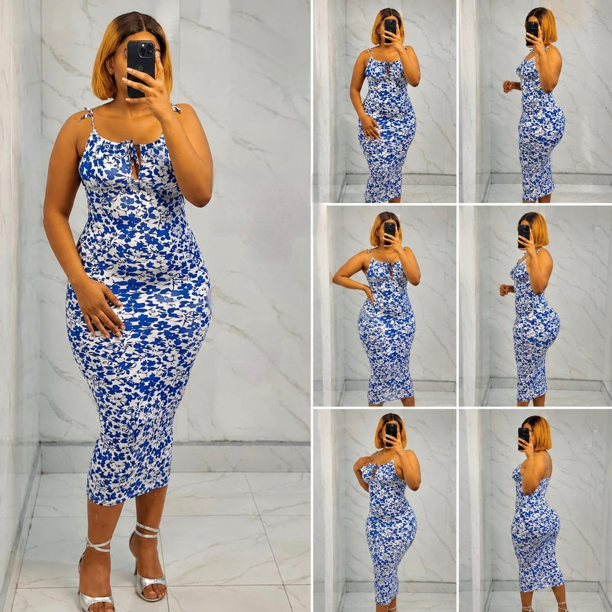 Floral print bodycon midi dress with square neckline and adjustable spaghetti straps.