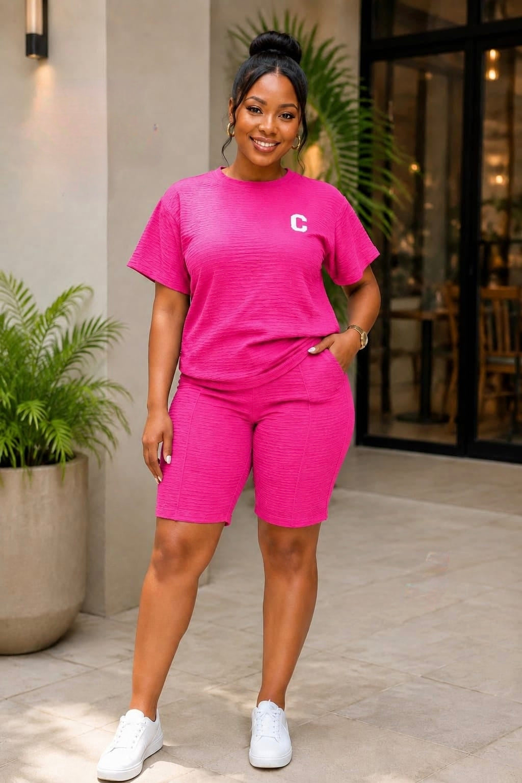 Coordinated pink short-sleeve top and biker shorts set with minimalist emblem, styled with white sneakers in an outdoor setting.