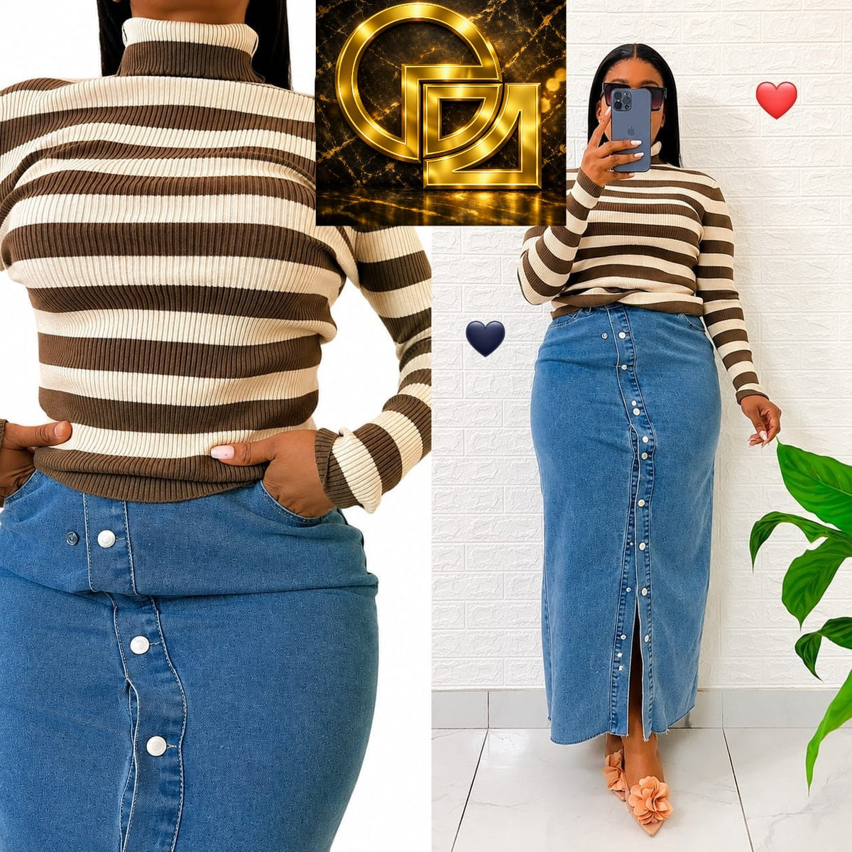 Women's Striped Ribbed Knit Polo-Neck Long-Sleeve Top