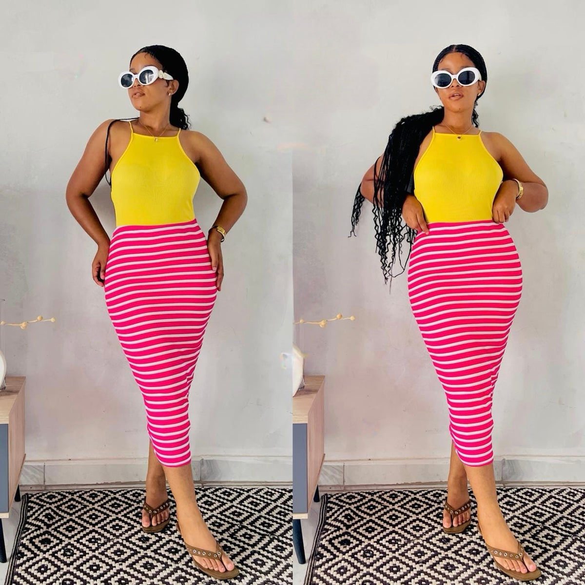 High-waisted striped bodycon midi skirt in pink and white, styled with a solid yellow top and sandals.