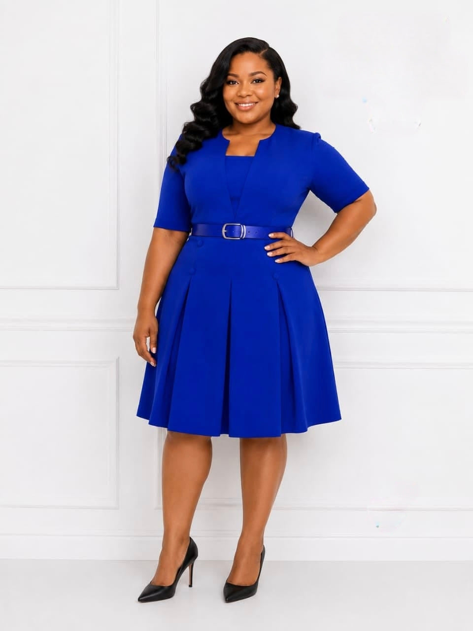 Solid blue Elegant Pleated Belted Midi Dress KT with structured bodice, short sleeves, and flared pleated skirt.
