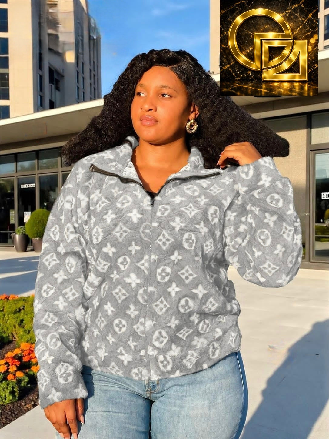 Women's Grey Monogram Teddy Fleece Half-Zip Pullover
