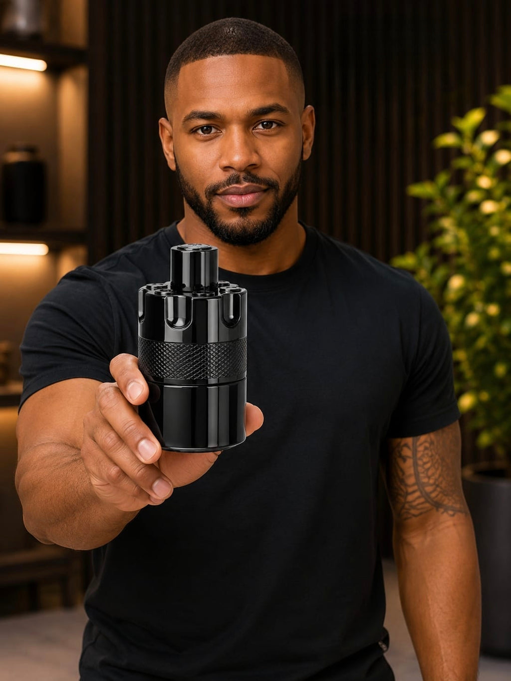 A man holding a black bottle of The Most Wanted eau de Parfum with a textured band and distinctive cap in a softly lit setting.