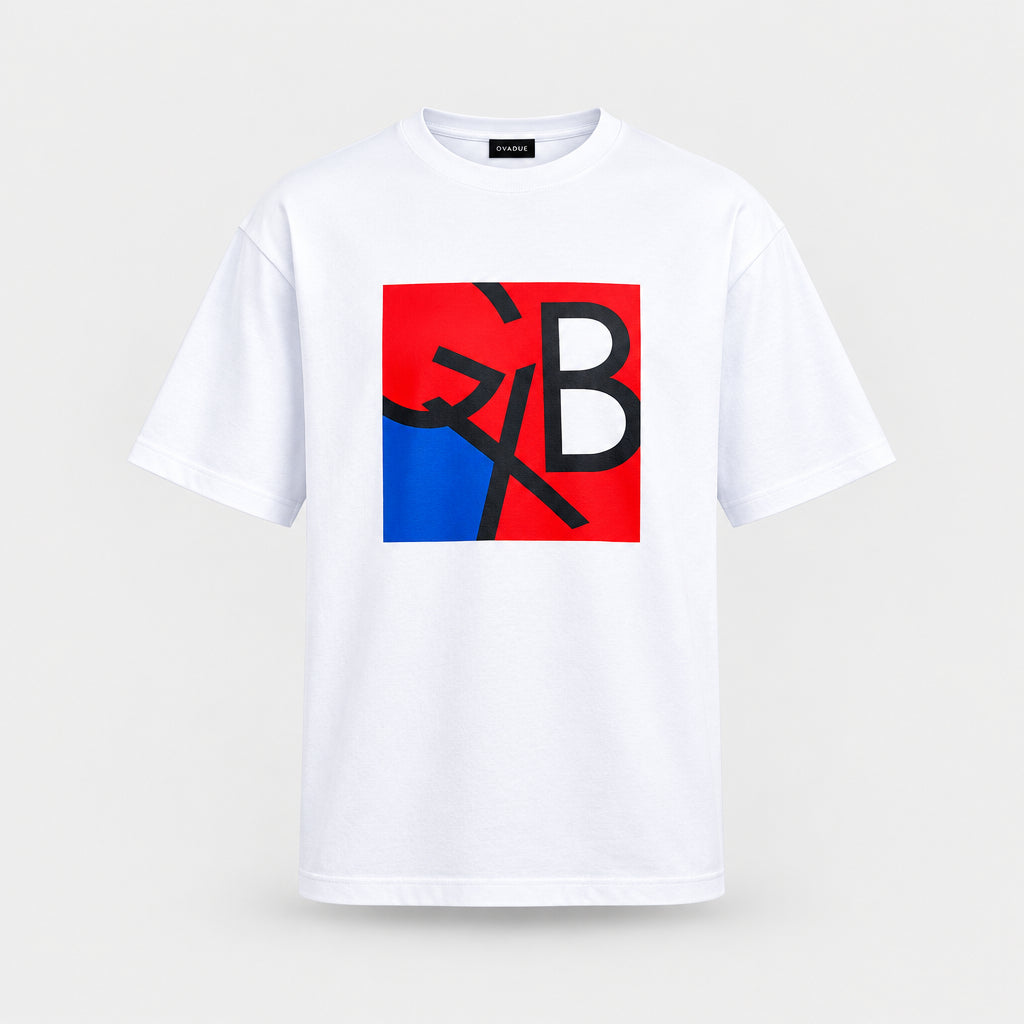 Galxboy Oversized GXB Color-Block Graphic Tee in white with red and blue GXB chest graphic