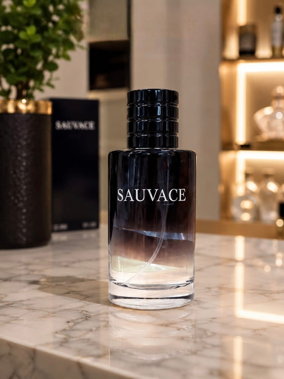 Clear glass bottle of SAUVACE Eau de Parfum with a gradient design on a marble surface.