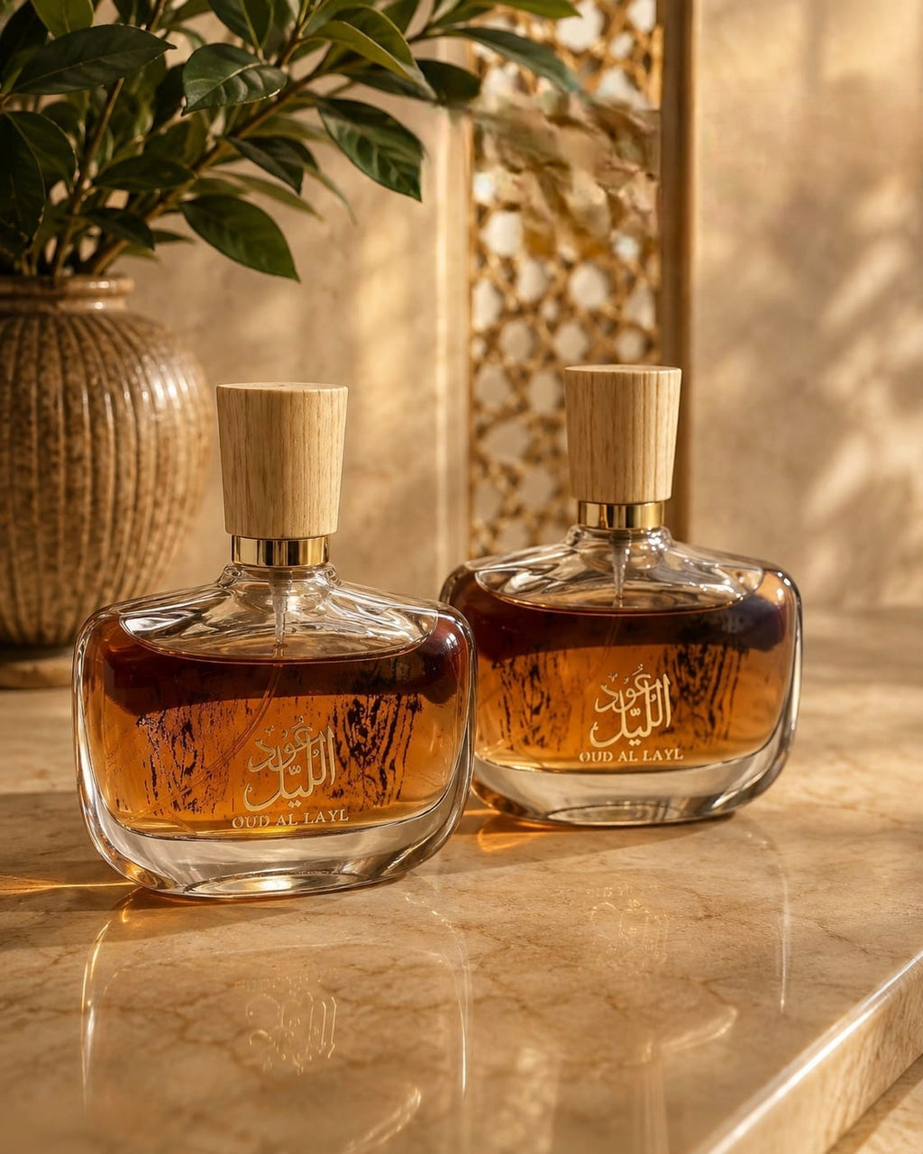 Two bottles of Oud Al Layl Eau de Parfum with clear glass designs and wooden caps on a light-colored surface.