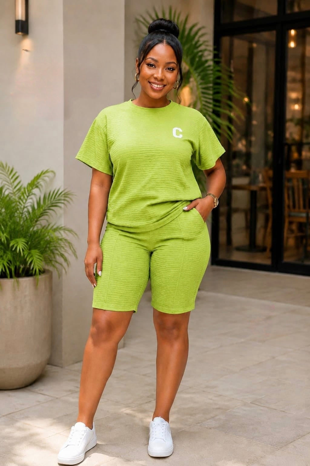 Coordinated green short-sleeve top and biker-style shorts set with a minimalist emblem and pockets, styled with white sneakers.