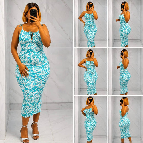 Floral print bodycon midi dress with square neckline, tie-front keyhole, and adjustable spaghetti straps.