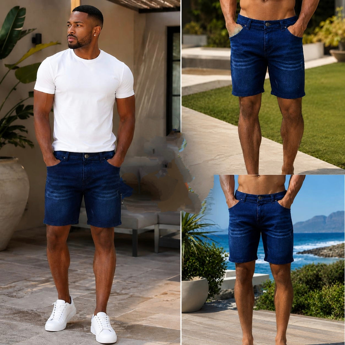 Men's dark blue denim shorts with a slim fit, classic 5-pocket design, styled with a white t-shirt and sneakers outdoors.