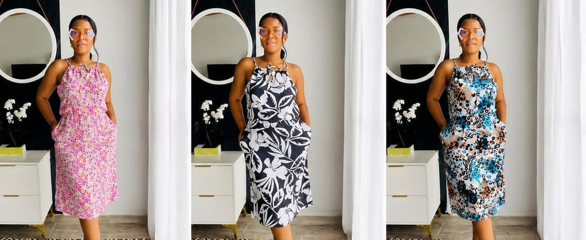 Three variations of a women's floral print halter neck sleeveless midi dress with pockets, featuring a fitted silhouette.