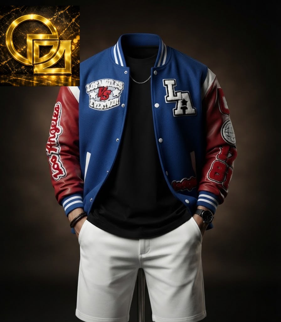 Los Angeles Wool-Blend Varsity Letterman Jacket with Faux-Leather Sleeves