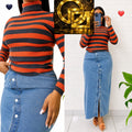 Women's Striped Ribbed Knit Polo-Neck Long-Sleeve Top