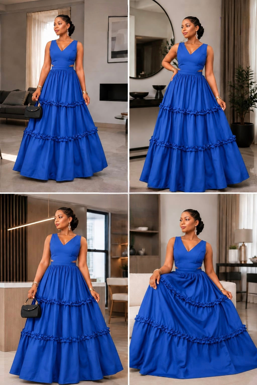 Sleeveless blue maxi gown with a V-neckline, voluminous tiered skirt, and ruffle detailing, styled elegantly with a handbag.