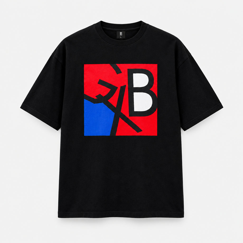 Galxboy Oversized GXB Color-Block Graphic Tee in black with red and blue GXB chest graphic