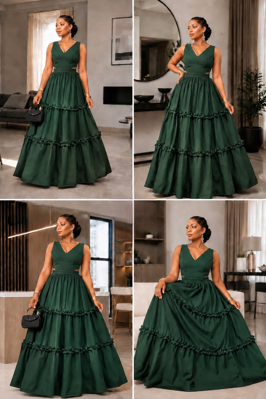 Sleeveless deep green gown with V-neckline and voluminous tiered skirt, styled for a formal setting.