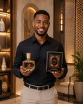 A person holding Oud Al Layl Eau de Parfum with elegant packaging and decorative background elements.