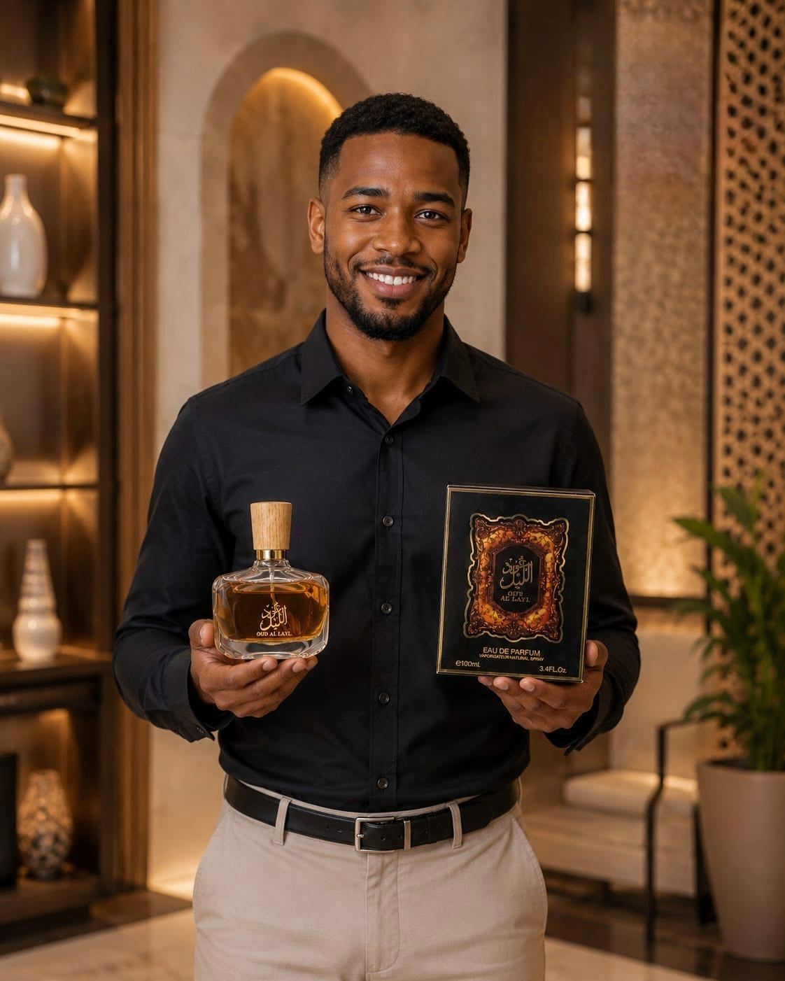 A person holding Oud Al Layl Eau de Parfum with elegant packaging and decorative background elements.