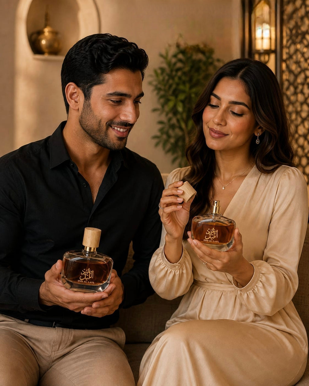 A man and woman hold a round bottle of Oud Al Layl Eau de Parfum with a wooden cap in a warm, inviting setting.